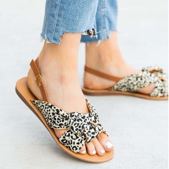 Shoes - boho leopard print knot vegan leather strap sandal